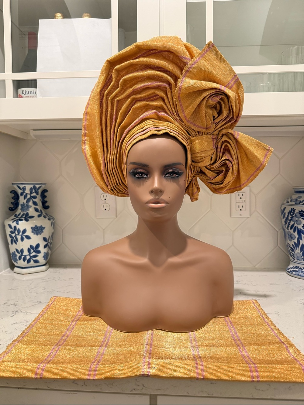 Traditional African Bridal Aso-Oke/Kente Auto Gele 2p Set Gele and Ipele